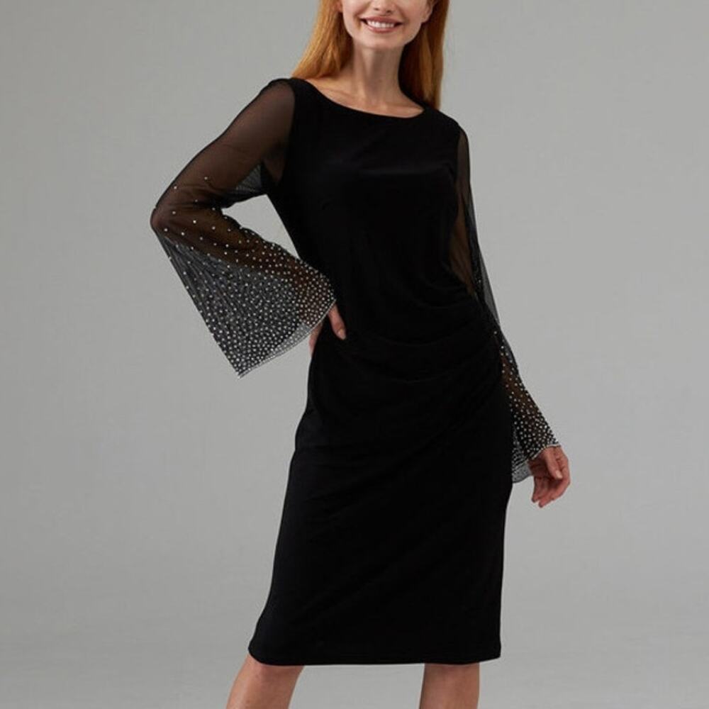 Joseph Ribkoff Beaded Bell Sleeve Round Neck Knee Length Dress Black 14